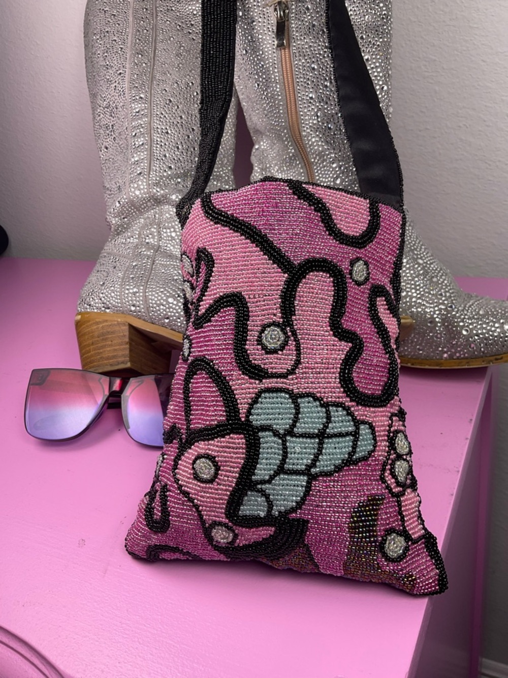Hand-Beaded Pink Abstract Crossbody Bag